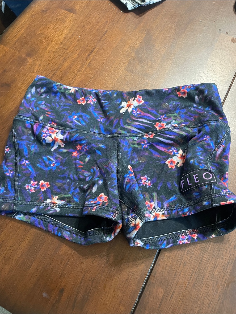 Fleo Black Floral Athletic Shorts with Purple Accents